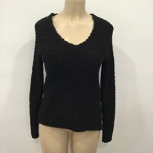 t/o Sweater Women Small Black Good Popcorn Knit V-Neck Long Sleeve Side Slit